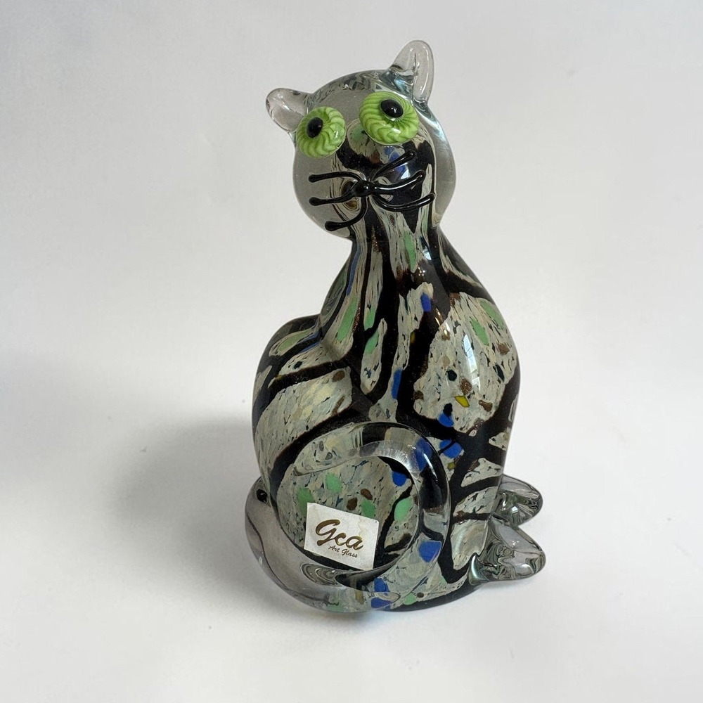 GCA Art Glass Cat Figurine Multicolor Confetti Swirl Green Eyes 6.5" No. 28811